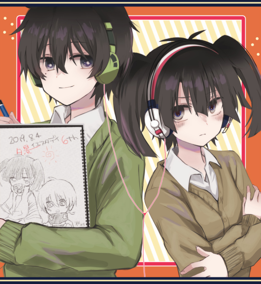 1boy 1girl anniversary arrow_(symbol) bangs black_eyes black_hair blunt_ends border brown_cardigan cardigan closed_mouth collared_shirt dated drawing enomoto_takane framed gas_mask hair_between_eyes hands_on_own_arms headphones highres holding holding_pencil holding_sketchbook kagerou_project kokonose_haruka konoha_(kagerou_project) letterboxed light_frown light_smile long_bangs looking_at_another looking_at_viewer looking_away mask mekakucity_actors mole mole_under_eye orange_border outside_border pencil shirt short_hair sketchbook smile song_name strawberrya_mg striped striped_background sun_symbol twintails two-tone_background upper_body white_background white_shirt yellow_background yuukei_yesterday_(vocaloid)