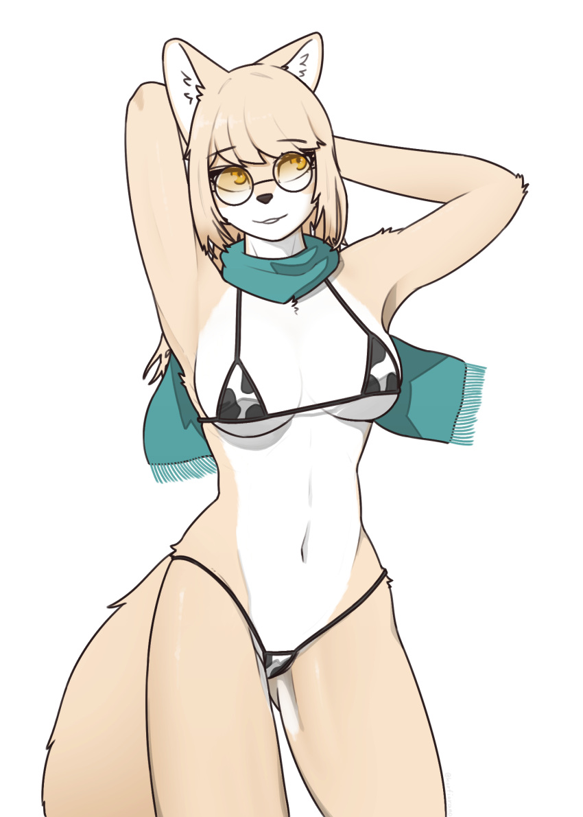 1girl :3 animal_ear_fluff animal_ears animal_nose animal_print armpits arms_behind_head arms_up ass_visible_through_thighs bangs bikini black-framed_eyewear blonde_hair blue_scarf body_fur breasts commentary_request cow_print cowboy_shot fox_ears fox_girl fox_tail furry furry_female happy highres jeifier_(korfiorano01) korean_commentary long_hair looking_to_the_side micro_bikini navel original parted_lips round_eyewear scarf sidelocks simple_background smile solo standing stomach string_bikini sunglasses swept_bangs swimsuit tail tinted_eyewear two-tone_fur underboob white_background white_fur yellow-tinted_eyewear yellow_eyes yellow_fur