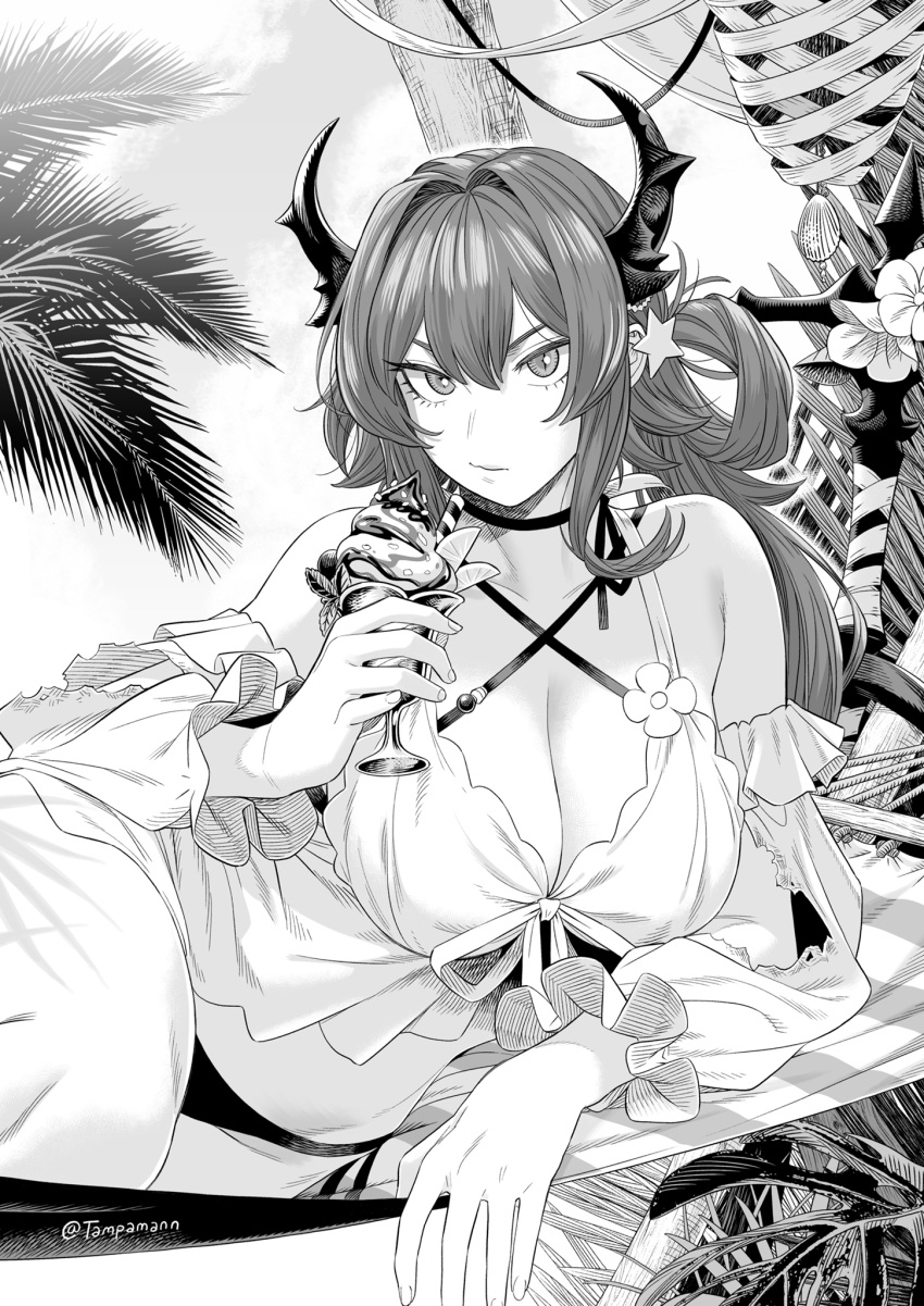 1girl arknights babydoll bangs bare_shoulders bikini breasts choker cleavage closed_mouth criss-cross_halter cup detached_sleeves food greyscale hair_ornament hair_rings halterneck hammock highres holding holding_cup horns ice_cream large_breasts long_hair long_sleeves looking_at_viewer lying monochrome official_alternate_costume on_side outdoors ribbon solo star_(symbol) star_hair_ornament sundae surtr_(arknights) surtr_(colorful_wonderland)_(arknights) swimsuit tampaman v-shaped_eyebrows very_long_hair