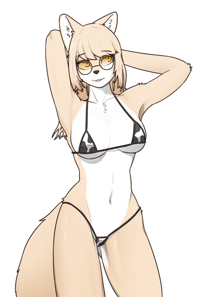1girl :3 animal_ear_fluff animal_ears animal_nose animal_print armpits arms_behind_head arms_up ass_visible_through_thighs bangs bikini black-framed_eyewear blonde_hair body_fur breasts collarbone commentary_request cow_print cowboy_shot fox_ears fox_girl fox_tail furry furry_female happy highres jeifier_(korfiorano01) korean_commentary long_hair looking_to_the_side micro_bikini navel original parted_lips round_eyewear sidelocks simple_background smile solo standing stomach string_bikini sunglasses swept_bangs swimsuit tail tinted_eyewear two-tone_fur underboob white_background white_fur yellow-tinted_eyewear yellow_eyes yellow_fur