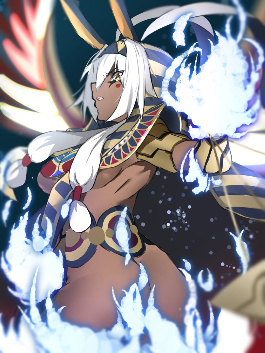 1girl animal_ears ankh antenna_hair armlet ass bangs belly_chain black_hair bracelet bracer breasts cape colored_inner_hair dark-skinned_female dark_skin earrings facepaint facial_mark fate/grand_order fate_(series) fire hairband highres hoop_earrings jackal_ears jewelry long_hair looking_at_viewer medium_breasts multicolored_hair nitocris_(fate) nitocris_alter_(fate) open_mouth red_cape ri_o_ne_su sidelocks solo streaked_hair thighs underboob usekh_collar white_fire white_hair wings yellow_eyes