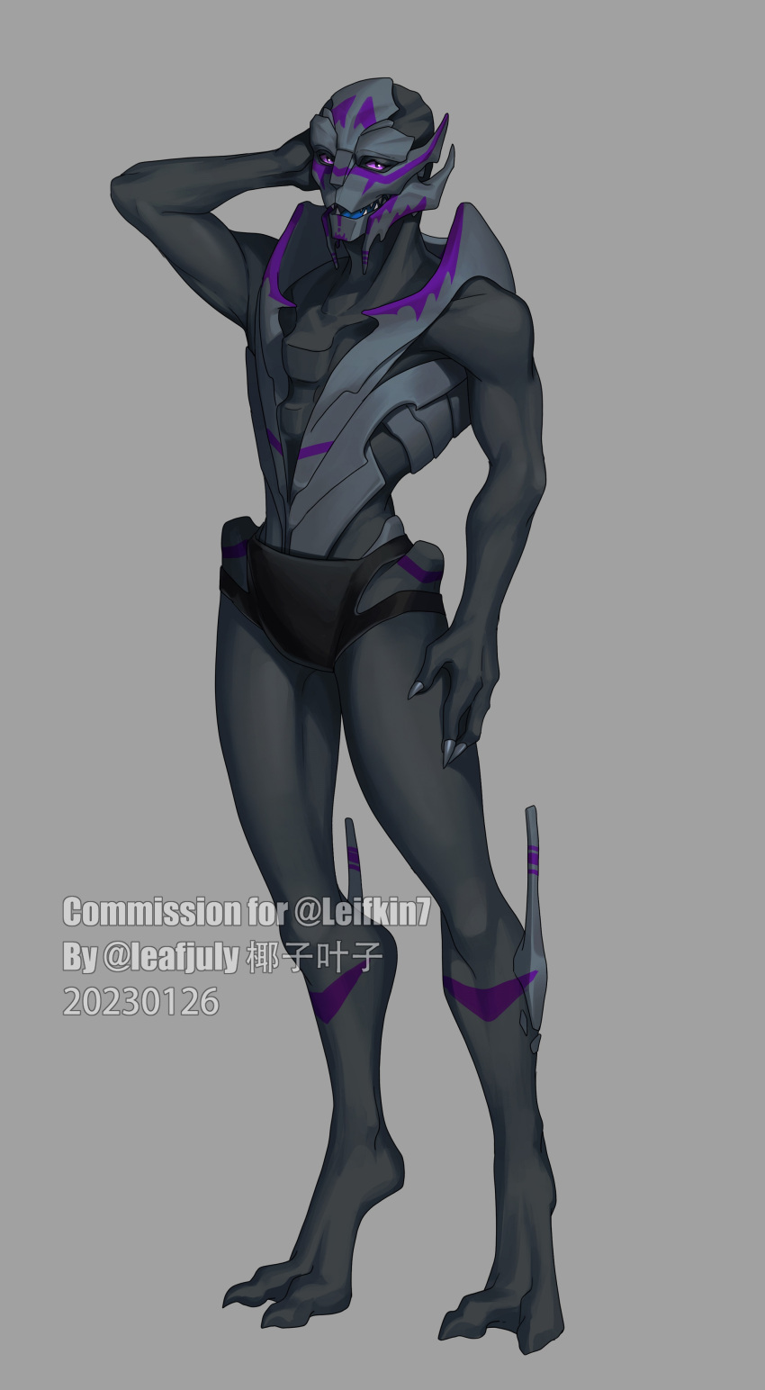 absurd_res alien blue_tongue bodypaint clothed clothing face_paint female grey_body hand_on_head hi_res leafjuly looking_at_viewer mass_effect open_mouth purple_eyes solo standing teeth tongue turian underwear underwear_only