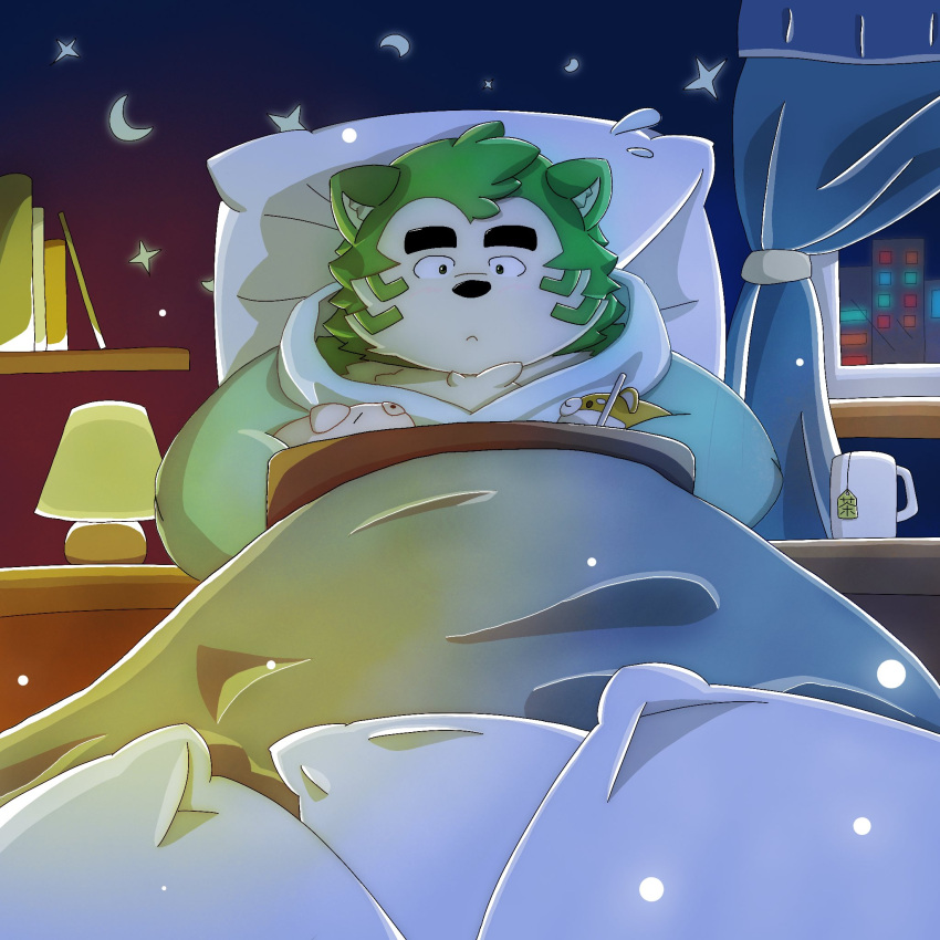 anthro bed bedding blanket canid canine canis clothing domestic_dog drawing fur furniture green_body green_fur hi_res lifewonders littlejimmy1218 live_a_hero male mammal mokdai pajamas plushie slightly_chubby solo under_covers