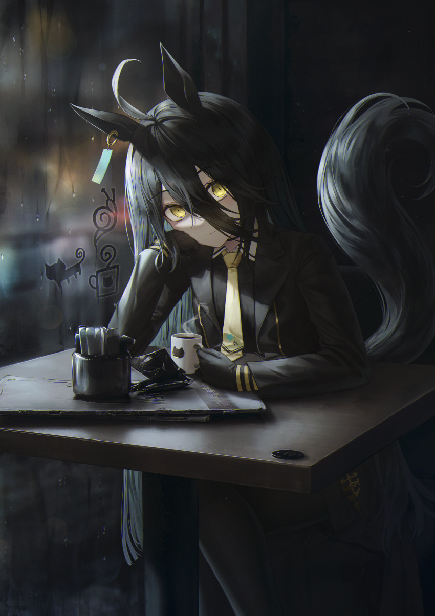 1girl absurdres ahoge animal_ears black_coat black_gloves black_hair black_pantyhose black_shirt choker closed_mouth coat collared_shirt cup earrings flippy_(cripine111) glass_writing gloves hair_between_eyes head_rest highres holding holding_cup horse_ears horse_girl horse_tail indoors jewelry long_hair long_sleeves looking_at_viewer manhattan_cafe_(umamusume) menu multicolored_hair necktie non-web_source pantyhose rain shirt single_earring sitting solo steam streaked_hair table tail umamusume window yellow_necktie