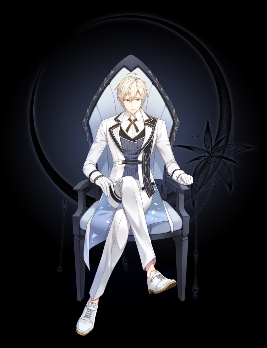 1boy ahoge armchair belt black_background black_flower black_sash blonde_hair chair closers crescent cross_tie crossed_legs ear_ornament expressionless flower full_body gloves hair_between_eyes highres jacket long_jacket long_sleeves looking_to_the_side official_art on_chair oxfords pants purple_vest red_eyes sash shirt shoulder_sash sitting solo striped striped_vest tachi-e thigh_belt thigh_strap vertical-striped_vest vertical_stripes vest white_gloves white_jacket white_pants white_shirt wolfgang_schneider