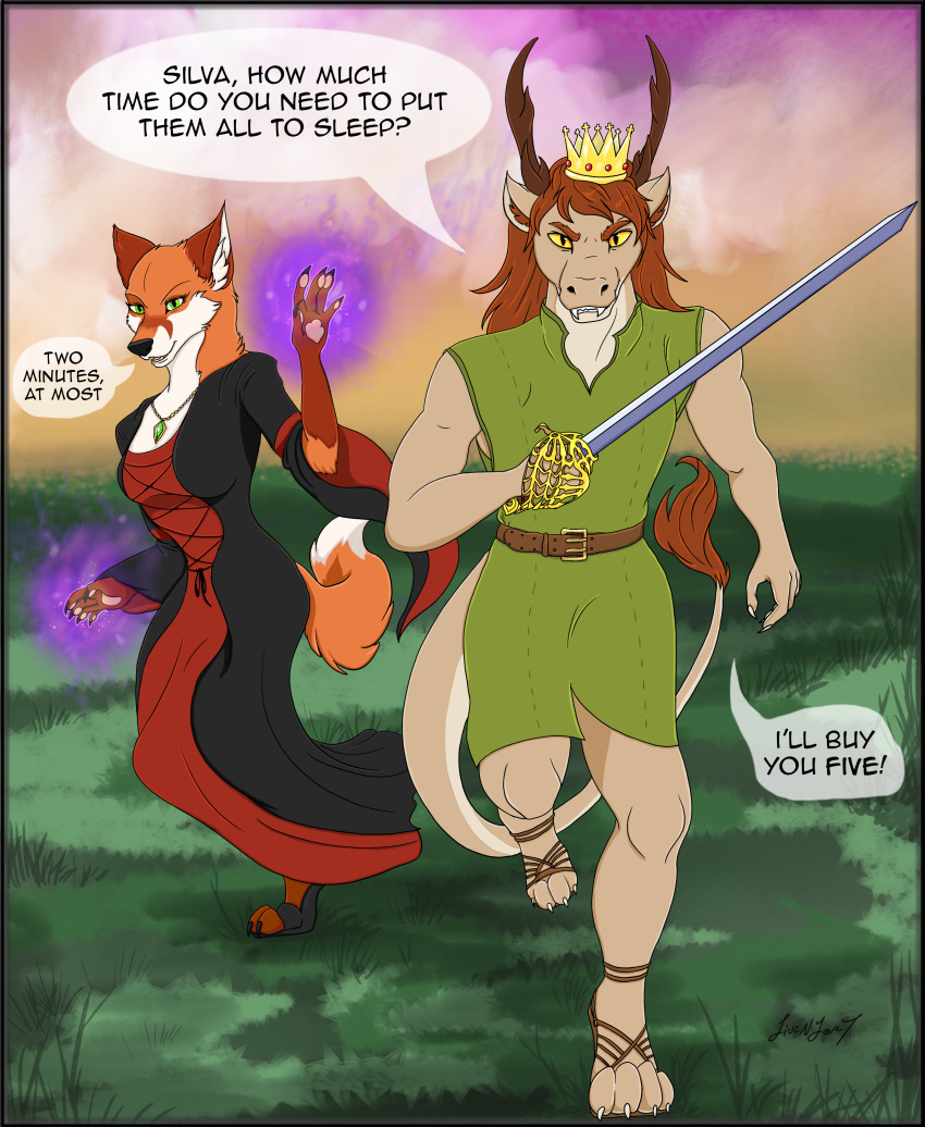 absurd_res anthro antlers athletic athletic_male basket_hilt battle belt caligae canid canine casting_spell charging claws clothing colored_fire comic crown day dragon duo emerald_(gem) english_text fangs female field fighting_pose fire footwear fox gem gown green_eyes headgear hi_res high_heels horn livenlove7 looking_at_viewer magic magic_user male mammal mane meadow medieval medieval_clothing melee_weapon muscular muscular_male pawpads pose prince prince_borgon purple_fire royalty running scabbard schiavona serious_face silva_vernalis smile speech_bubble spell story story_in_description sword tail tail_tuft tales_from_valmeridia teeth text tuft weapon witchcraft