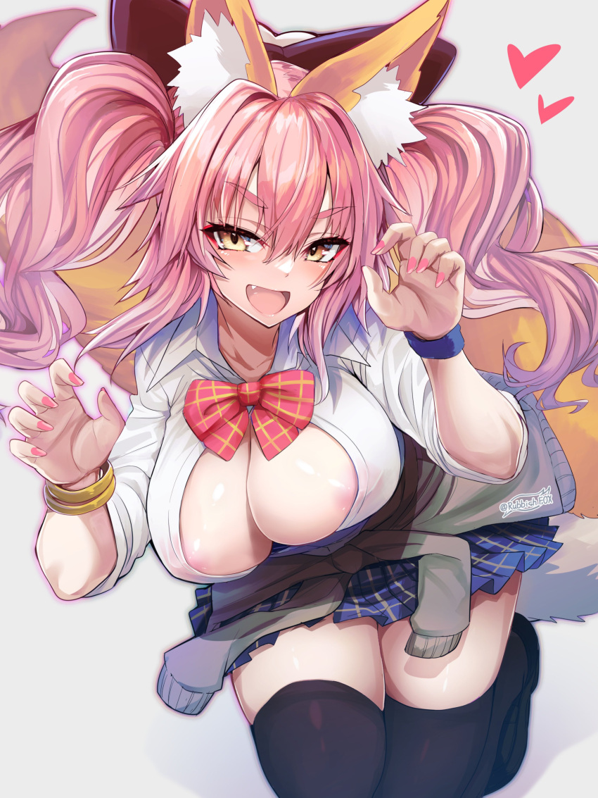 1girl absurdres animal_ear_fluff areola_slip artist_logo bangs breasts claw_pose cleavage fang fate/extra fate_(series) fox_girl fox_tail heart highres large_breasts looking_at_viewer open_mouth pink_hair shirt simple_background smile solo tail tamamo_(fate) tamamo_no_mae_(fate/extra) tamamo_no_mae_(jk)_(fate) thighs twintails twitter_username white_shirt wisespeak yellow_eyes