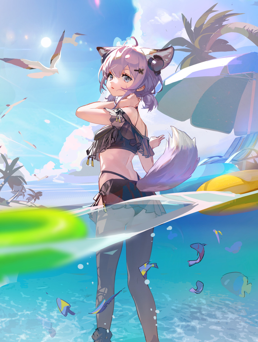 absurdres ahoge animal_ear_fluff animal_ears arknights arm_up ass back ball bare_shoulders beachball bikini bird black_bikini blue_eyes blue_sky day extra_ears feet_out_of_frame fish fox_ears fox_girl fox_tail from_behind hair_ornament hairclip headphones highres innertube lens_flare looking_at_viewer looking_back official_alternate_costume outdoors palm_tree parted_lips purple_hair seagull see-through short_hair sky sun sussurro_(arknights) sussurro_(summer_flowers)_(arknights) swimsuit tail tail_through_clothes tree wading water zheshe_jing