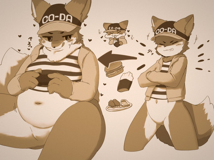 4:3 anthro belly bottomless burger canid canine clothed clothing eating featureless_crotch food fox fupa male mammal moobs navel nikomi1080 overweight overweight_male shirt solo tank_top topwear weight_gain