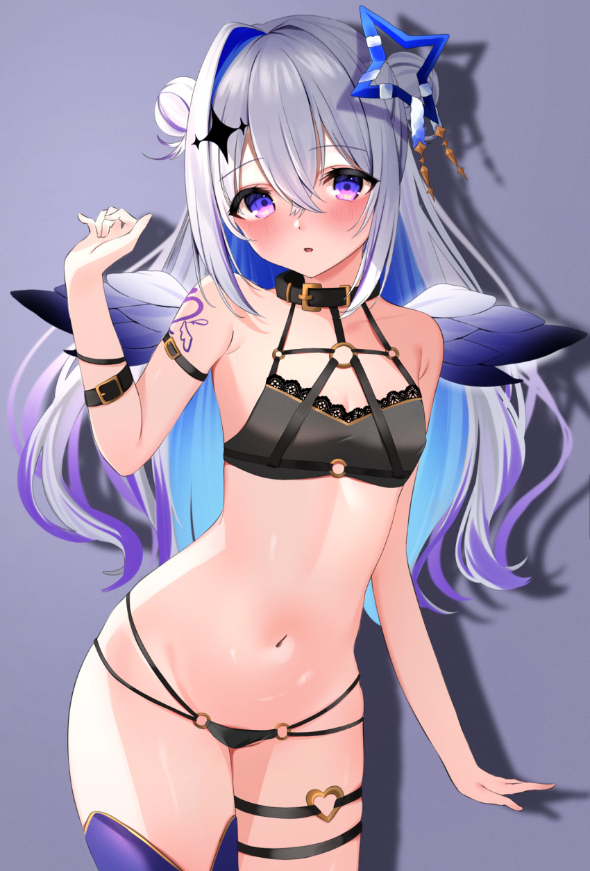 1girl adapted_costume amane_kanata arm_at_side arm_belt arm_tattoo armpit_crease bangs bare_arms bare_shoulders belt belt_collar bikini black_belt black_bikini blue_hair blush breasts buckle collar colored_inner_hair cowboy_shot crossed_bangs double_bun gradient_eyes grey_hair groin hair_between_eyes hair_bun hair_intakes halo halo_ornament halterneck hand_up harness heart heart_o-ring highres hololive lace-trimmed_bikini lace_trim long_hair looking_at_viewer mikumineko multi-strapped_bikini multicolored_eyes multicolored_hair multicolored_wings navel o-ring o-ring_thigh_strap official_alternate_hair_length official_alternate_hairstyle parted_lips purple_background purple_eyes purple_hair purple_thighhighs shadow simple_background single_hair_intake skindentation small_breasts solo star_halo stomach streaked_hair string_bikini swimsuit tattoo thigh_strap thighhighs thighs virtual_youtuber wings