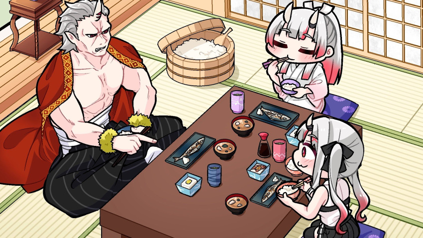 :3 bowl chopsticks chopsticks_in_mouth clenched_teeth collarbone commentary_request eating family father_and_daughter fish food grey_hair highres holding holding_chopsticks hololive horns husband_and_wife indian_style japanese_clothes komainu_channel midriff_sarashi miniskirt miso_soup mother_and_daughter muscular muscular_male nakiri_ayame ohitsu oni_horns pectorals pillow pleated_skirt pointing pointy_ears red_eyes red_hair rice rice_bowl sarashi seiza shamoji sharp_teeth single_horn sitting skin-covered_horns skirt soup soy_sauce soy_sauce_bottle table teeth thighhighs twintails virtual_youtuber