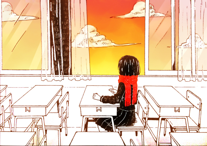 1girl black_hair black_serafuku black_skirt chair classroom cloud commentary desk dusk enpera facing_away fringe_trim from_behind gradient_sky indoors kagerou_project long_sleeves mekakucity_actors on_chair open_window orange_sky pleated_skirt red_scarf red_sky scarf school_desk school_uniform serafuku sitting skirt sky solo tateyama_ayano transparent_curtains twilight uko_(634829125) wide_shot window yellow_sky