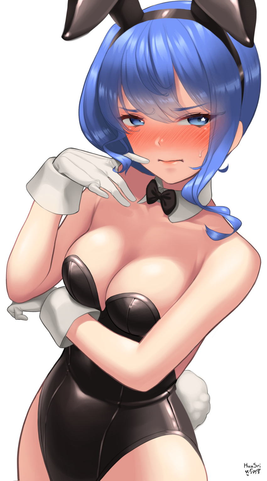 1girl absurdres animal_ears bangs bare_shoulders black_bow black_bowtie black_leotard blue_eyes blue_hair blush bow bowtie breasts cleavage closed_mouth detached_collar fake_animal_ears fake_tail gloves hair_between_eyes highres hololive hoshimachi_suisei huusri leotard looking_at_viewer medium_breasts medium_hair playboy_bunny rabbit_ears rabbit_tail side_ponytail solo star_(symbol) star_in_eye strapless strapless_leotard symbol_in_eye tail virtual_youtuber white_gloves