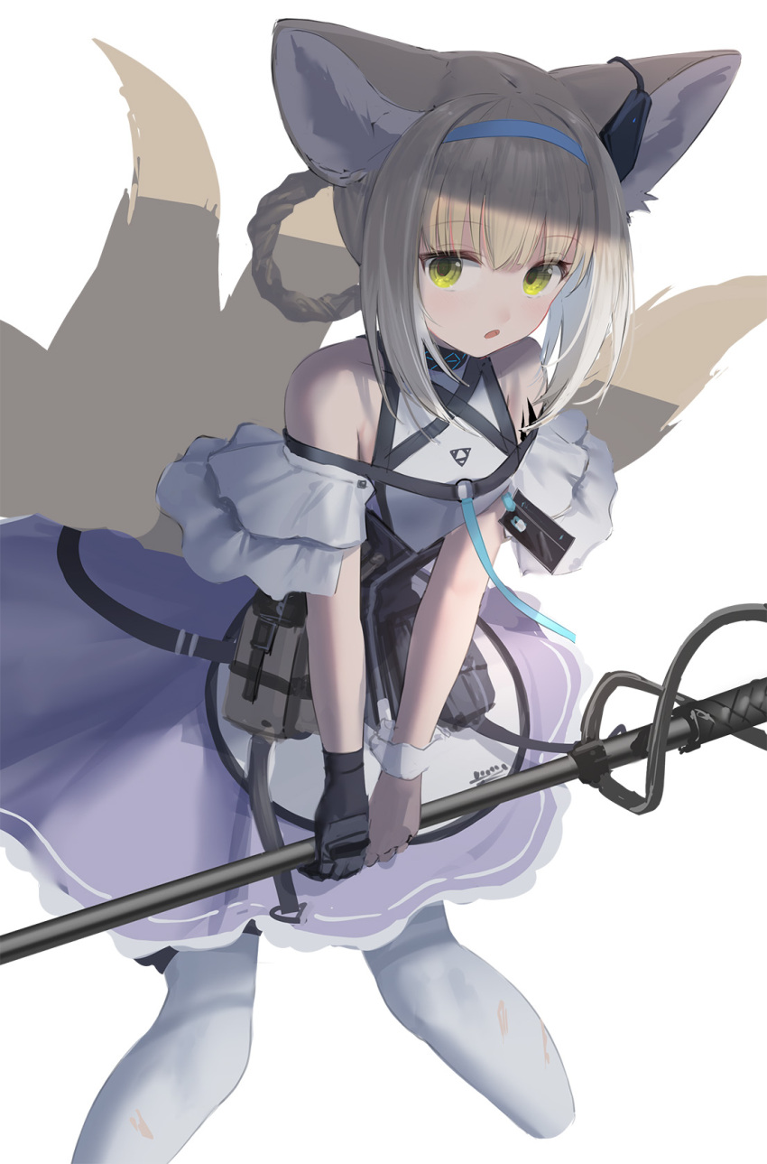 1girl animal_ears arknights bare_shoulders black_collar black_gloves blonde_hair blue_hairband breasts collar commentary_request cropped_legs dress fox_ears fox_tail gloves green_hair hairband highres holding holding_weapon infection_monitor_(arknights) kyuubi looking_at_viewer medium_hair multiple_tails open_mouth oripathy_lesion_(arknights) pantyhose scrunchie simple_background single_glove small_breasts solo sthk suzuran_(arknights) tail torn_clothes torn_pantyhose vest weapon white_background white_pantyhose white_scrunchie wrist_scrunchie