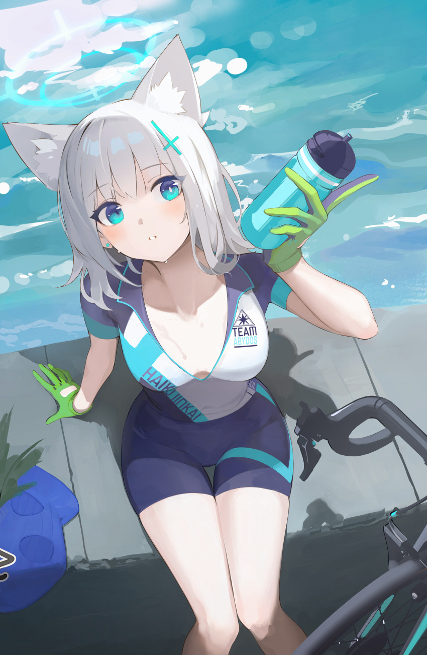 1girl absurdres animal_ear_fluff animal_ears arm_up bicycle bike_jersey bike_shorts blue_archive blue_eyes blue_mask blue_shorts bottle breasts cleavage collarbone cycling_uniform day extra_ears gloves green_gloves grey_hair ground_vehicle hair_ornament halo highres holding holding_bottle looking_at_viewer mask medium_breasts milim_nova mismatched_pupils ocean official_alternate_costume open_mouth outdoors road_bicycle shiroko_(blue_archive) shiroko_(cycling)_(blue_archive) short_hair short_sleeves shorts sitting solo sportswear sweat thigh_gap water water_bottle x_hair_ornament