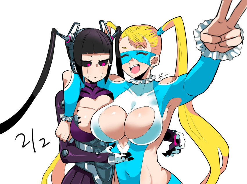 2girls arm_around_neck black_hair black_sclera breast_envy breasts cleavage cleavage_cutout clothing_cutout colored_sclera commentary_request covered_navel dated eye_(mememem) han_juri highres large_breasts long_hair multiple_girls official_alternate_costume pink_eyes rainbow_mika street_fighter street_fighter_v twintails v very_long_hair