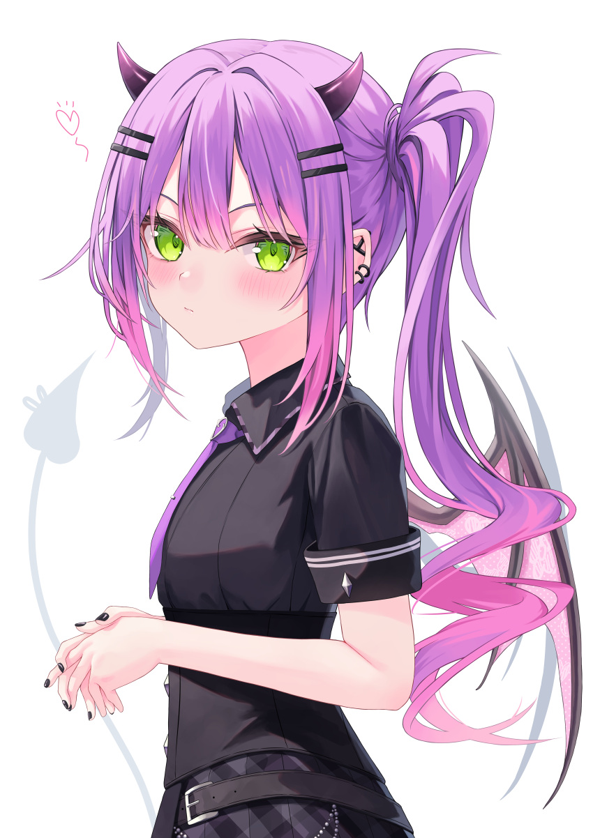1girl 333shishishi333 absurdres black_nails black_shirt black_skirt blush closed_mouth demon_girl demon_horns demon_tail demon_wings ear_piercing from_side green_eyes hair_ornament hairclip highres hololive horns long_hair looking_at_viewer multicolored_hair nail_polish necktie own_hands_together piercing pink_hair pleated_skirt purple_hair purple_necktie shirt short_sleeves side_ponytail sidelocks simple_background skirt solo streaked_hair tail tail_ornament tail_piercing tokoyami_towa virtual_youtuber wings
