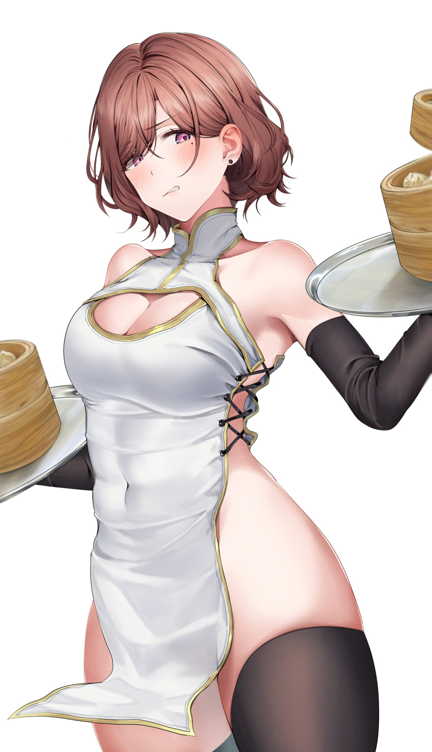 1girl absurdres bangs bare_shoulders black_thighhighs blush breasts brown_hair china_dress chinese_clothes cleavage cleavage_cutout clothing_cutout covered_navel dim_sum dress ear_piercing highres higuchi_madoka holding holding_tray idolmaster idolmaster_shiny_colors large_breasts mole mole_under_eye parted_lips piercing pol_winner purple_eyes short_hair simple_background solo thighhighs thighs tray white_background