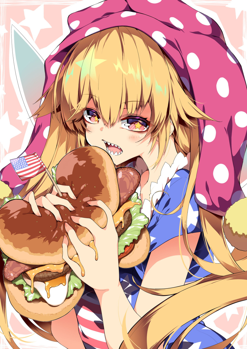 1girl absurdres american_flag american_flag_dress bad_anatomy bad_neck bangs blonde_hair blush burger clownpiece dress fairy fairy_wings food hair_between_eyes hat highres holding holding_food jester_cap long_hair open_mouth pink_headwear polka_dot polka_dot_headwear red_eyes sakurame sharp_teeth solo striped striped_dress teeth touhou upper_body wings