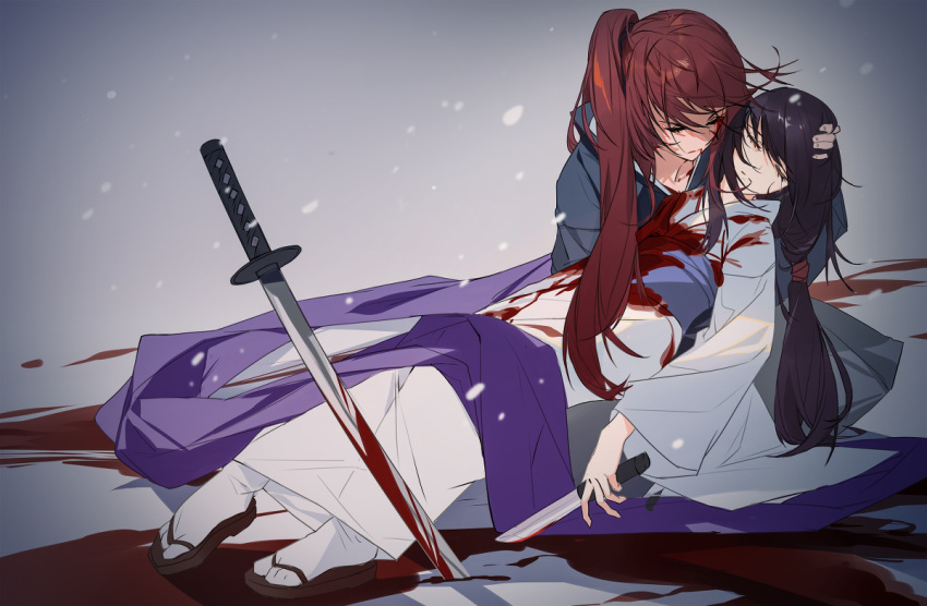 1boy 1girl black_hair blood blood_on_clothes blood_on_weapon brown_hair closed_eyes full_body grandia_lee hair_between_eyes hand_in_another's_hair himura_kenshin japanese_clothes katana kimono long_hair long_sleeves low-tied_long_hair planted planted_sword ponytail rurouni_kenshin sandals snow sword weapon white_kimono wide_sleeves yukishiro_tomoe