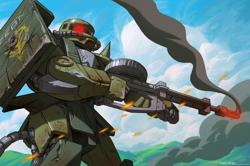 absurdres cable cloud english_commentary glowing glowing_eye gun gundam highres holding holding_gun holding_weapon making-of_available mecha mobile_suit mobile_suit_gundam mountain no_humans one-eyed robbie_trevino robot science_fiction sky smoke smoking_gun solo spikes weapon zaku_ii zeon