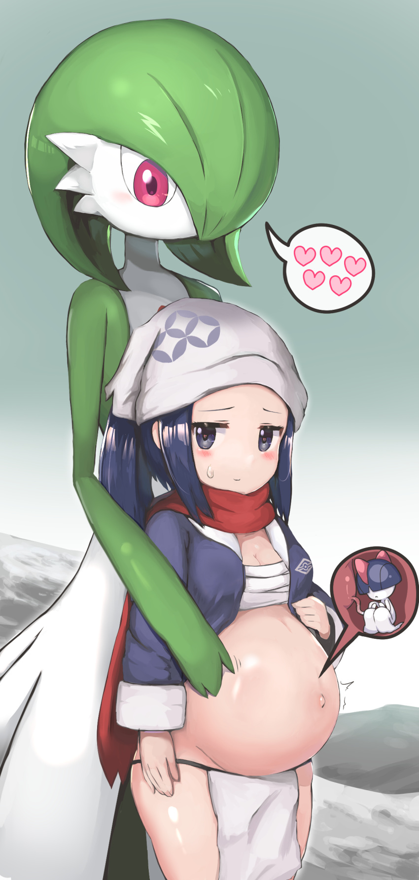 1860_(ichi) absurdres akari_(pokemon) black_hair blush breasts chest_sarashi cleavage gardevoir head_scarf heart highres hug hug_from_behind navel pelvic_curtain pokemon pokemon_(creature) pokemon_(game) pokemon_legends:_arceus pokephilia ponytail pregnant ralts red_scarf sarashi scarf spoken_heart stomach sweatdrop