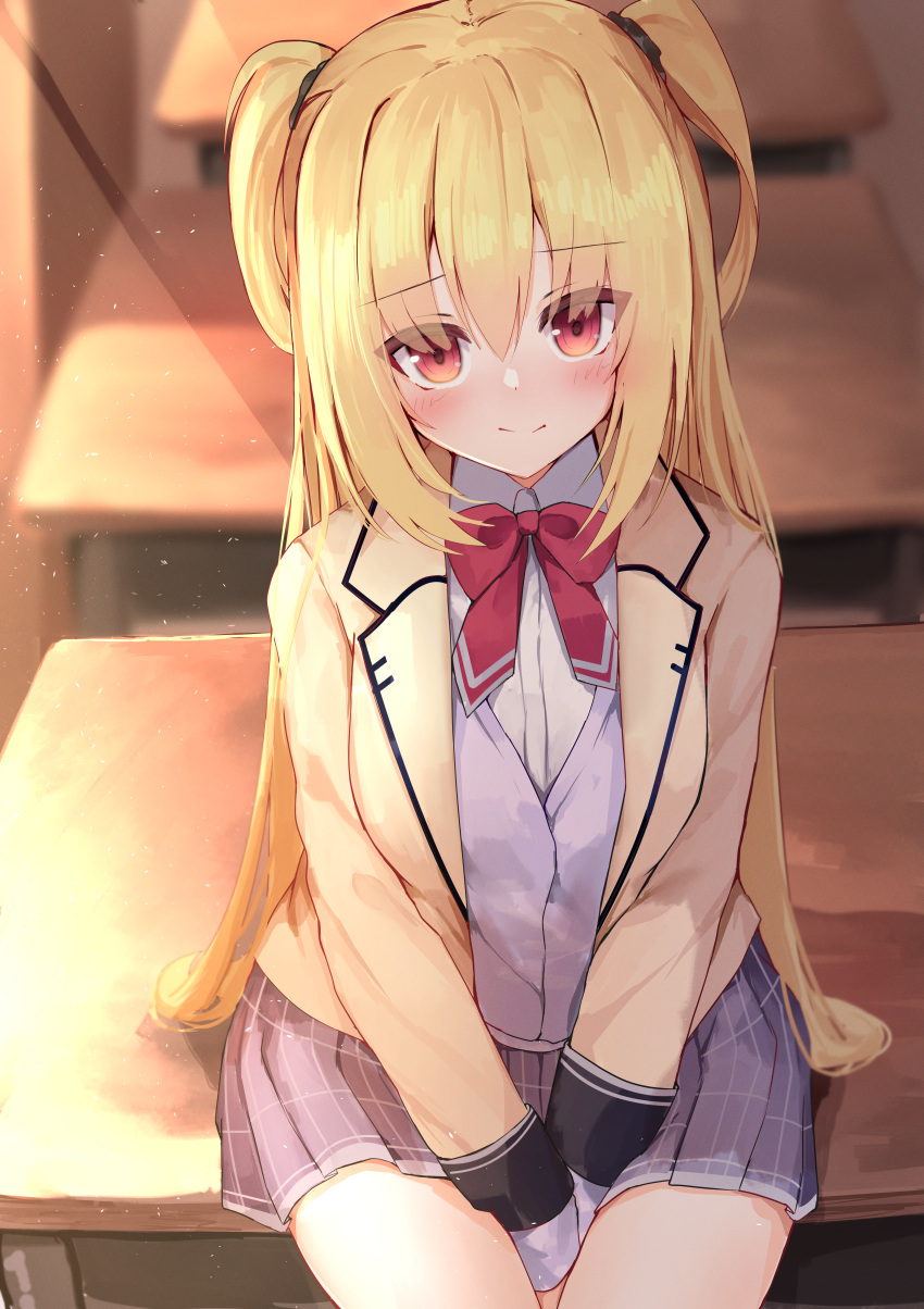 1girl absurdres arihara_nanami arms_between_legs bangs blonde_hair blush bow breasts classroom closed_mouth collar desk dot_nose eyelashes frown furrowed_brow grey_skirt hair_between_eyes hair_over_shoulder head_tilt highres jacket large_breasts long_hair long_sleeves looking_at_viewer miniskirt nodoameyatou on_desk open_clothes open_jacket own_hands_together plaid plaid_skirt pleated_skirt purple_sweater_vest red_bow red_eyes riddle_joker school_uniform shirt sidelighting sidelocks sitting sitting_on_desk skirt smile solo sparkle straight_hair sunlight sweater_vest thighs two_side_up very_long_hair white_collar white_shirt yellow_jacket