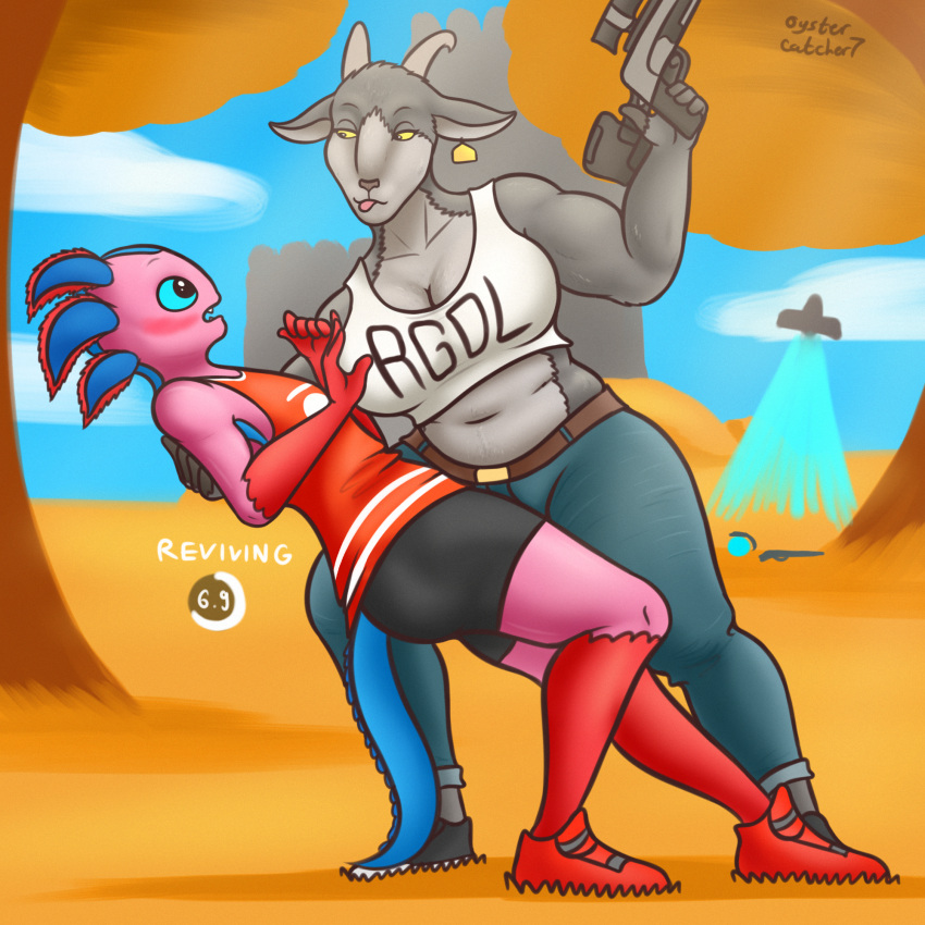 amphibian anthro axo_(fortnite) axolotl big_breasts blush bottomwear bovid breasts caprine cleavage clothed clothing crop_top denim denim_clothing duo ear_tag epic_games female fin footwear fortnite fur goat goat_simulator grey_body grey_fur gun hi_res holding_gun holding_object holding_weapon hotpants jeans male male/female mammal marine mole_salamander muscular muscular_female oystercatcher7 pants pilgor_(goat_simulator) pink_body pink_skin ranged_weapon rifle salamander_(amphibian) shield_potion shirt shoes shorts slightly_chubby sneakers sniper_rifle strong_female tank_top topwear weapon