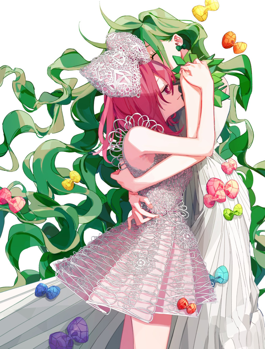 2girls absurdly_long_hair bow bow_earrings closed_eyes closed_mouth curly_hair dress earrings floral_print green_hair hair_bow hands_on_another's_back hands_on_another's_shoulders highres hirose3y hug jewelry long_dress long_hair medium_hair multiple_girls otogami_mimin pink_eyes pink_hair pppppp short_dress very_long_hair white_background white_bow white_dress yamanaka_meloli yuri