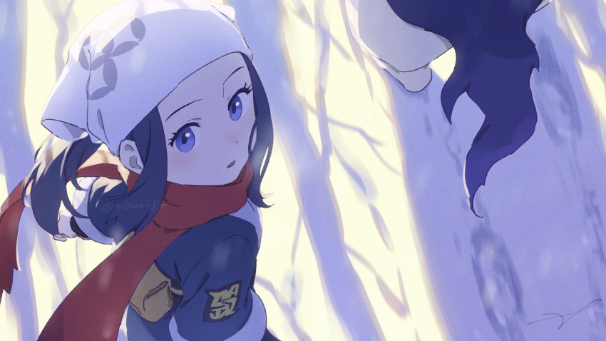 1girl akari_(pokemon) black_hair black_shirt blue_eyes eyelashes head_scarf highres hisuian_typhlosion jacket logo long_hair outdoors parted_lips pokemon pokemon_(creature) pokemon_(game) pokemon_legends:_arceus ponytail red_scarf sankaku scarf shirt sidelocks snow white_headwear