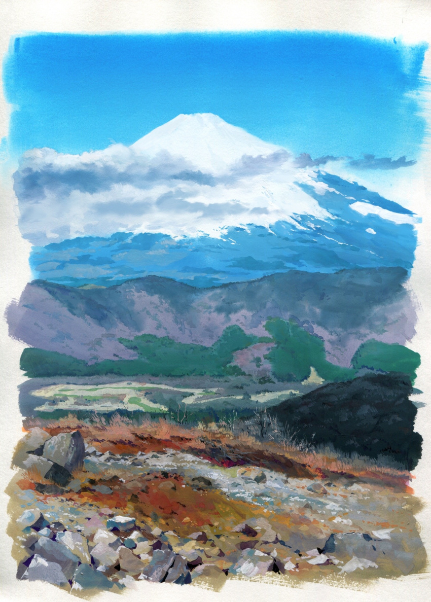 border highres mount_fuji no_humans original outdoors painting_(medium) rock sawitou_mizuki scenery traditional_media white_border