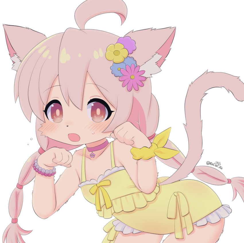 2023 accessory ahoge anthro blush bodily_fluids breasts clothed clothing digital_media_(artwork) domestic_cat felid feline felis female female_anthro fur hair hair_accessory hi_res inner_ear_fluff kemono looking_at_viewer mammal open_mouth paw_pose pigtails pink_eyes pink_hair pose racal_ra simple_background small_breasts solo sweat sweatdrop tail tan_body tan_fur tuft white_background white_body white_fur young