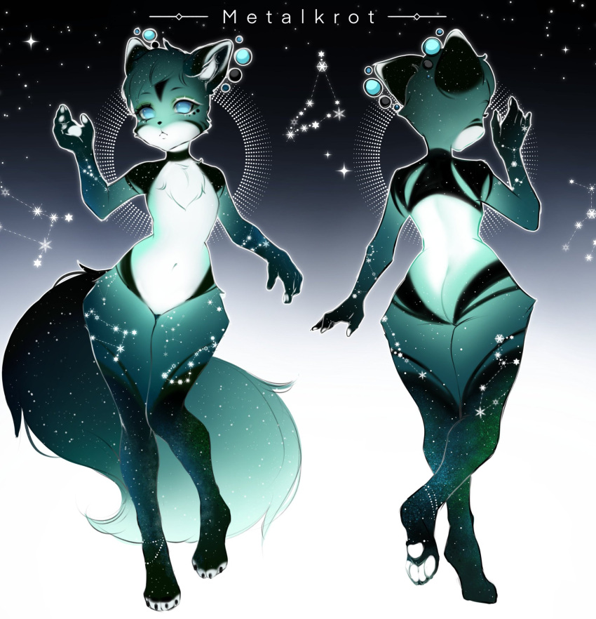 anthro big_tail black_body black_fur canid canine constellation constellation_markings cosmic_background cosmic_being cosmic_fur cosmic_hair diana_(mavis_delcat) ethereal_hair female fingerpads fluffy fluffy_tail fox fur gesture green_body green_eyes green_fur hi_res inner_ear_fluff looking_at_viewer mammal metalkrot model_sheet multicolored_body multicolored_fur orb pawpads solo space star tail tuft waving white_body white_fur white_pawpads