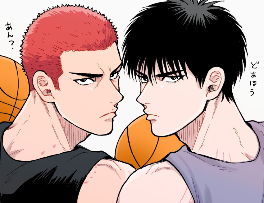 2boys bangs buzz_cut closed_mouth frown gorii looking_at_viewer male_focus multiple_boys red_hair rukawa_kaede sakuragi_hanamichi shirt short_hair simple_background slam_dunk_(series) sleeveless sleeveless_shirt v-shaped_eyebrows very_short_hair white_background