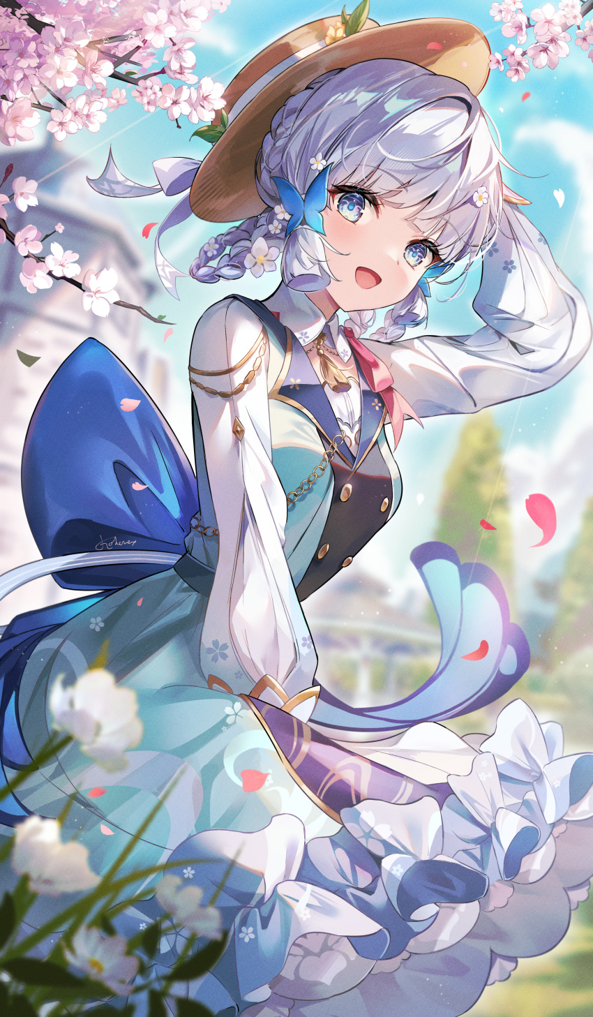 1girl :d absurdres bangs blue_bow blue_bowtie blue_dress blue_hair blunt_bangs blurry bow bowtie breasts brown_headwear butterfly_hair_ornament cherry_blossoms depth_of_field dress flower genshin_impact hair_ornament hat hat_flower highres kamisato_ayaka kamisato_ayaka_(springbloom_missive) kokonex light_blue_hair long_sleeves looking_at_viewer medium_breasts multicolored_clothes multicolored_dress neck_tassel official_alternate_costume official_alternate_hairstyle puffy_long_sleeves puffy_sleeves smile solo structure