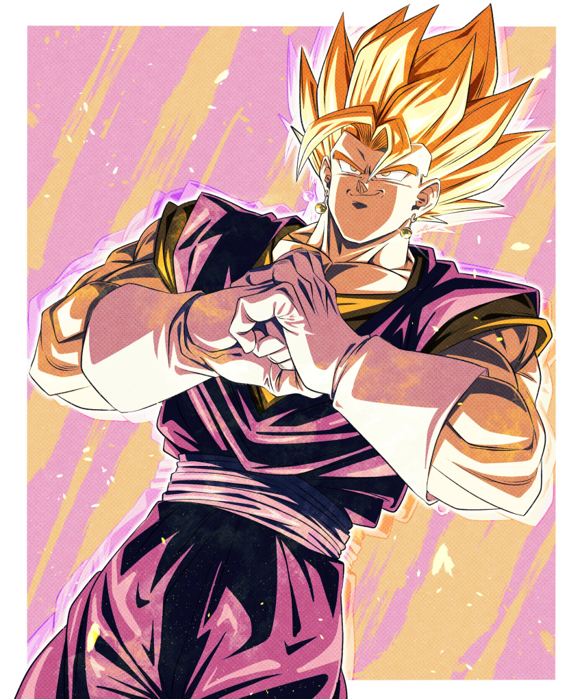 &gt;:) 1boy absurdres biceps blonde_hair border clenched_hand closed_mouth commentary_request cowboy_shot dougi dragon_ball dragon_ball_z earrings fist_in_hand gloves grey_sash hair_between_eyes halftone halftone_background hands_up highres jewelry male_focus multicolored_background muscular muscular_male orange_shirt outside_border pectoral_cleavage pectorals potara_earrings sash sekitsuki_hayato shirt short_sleeves smile smirk solo spiked_hair super_saiyan super_saiyan_1 v-shaped_eyebrows vegetto white_border white_gloves yellow_eyes
