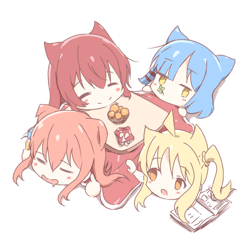 4girls absurdres ahoge animal_ears blonde_hair blue_hair blush_stickers bocchi_the_rock! book brown_eyes cat_ears chibi clover cube_hair_ornament food four-leaf_clover fruit gotou_hitori hair_ornament highres ijichi_nijika kaai_yuu kita_ikuyo kotatsnail kotatsu mandarin_orange mouth_hold multiple_girls pink_hair red_hair scrunchie side_ponytail smile stalk_in_mouth table white_background yamada_ryou yellow_eyes yellow_scrunchie