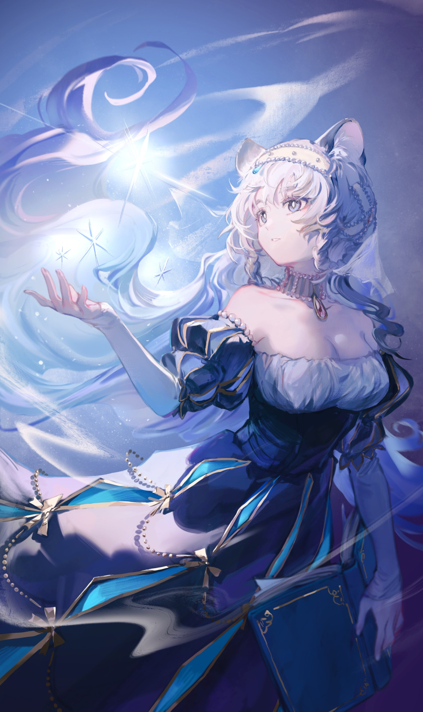 1girl absurdres animal_ears arknights bare_shoulders book choker dress grey_eyes hairband highres leopard_ears long_hair long_sleeves off-shoulder_dress off_shoulder official_alternate_costume parted_lips pramanix_(arknights) shuzi solo very_long_hair white_hair white_hairband