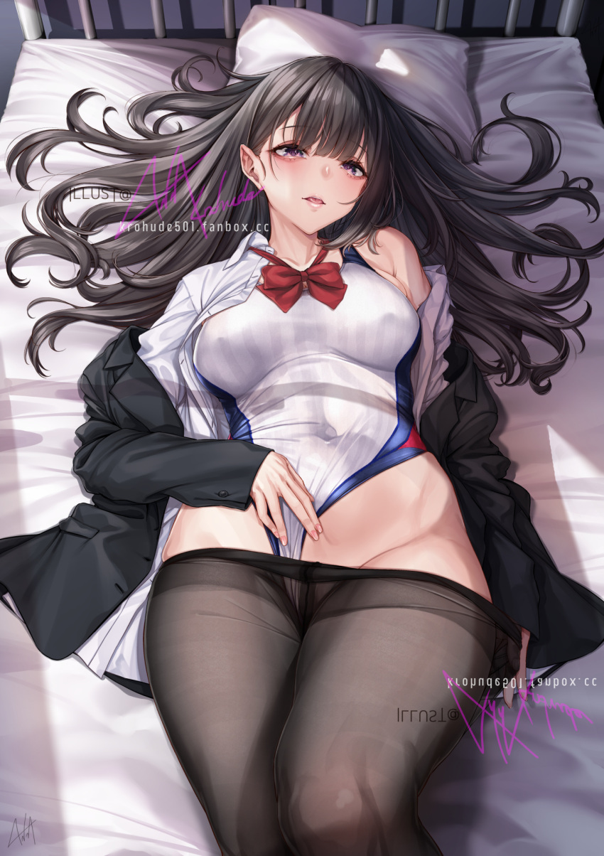 1girl bangs bare_shoulders black_hair black_pantyhose blush breasts clothes_pull covered_navel highres kurofude_anna long_hair looking_at_viewer lying neck_ribbon on_back one-piece_swimsuit original pantyhose pantyhose_pull parted_lips purple_eyes ribbon school_uniform solo swimsuit web_address