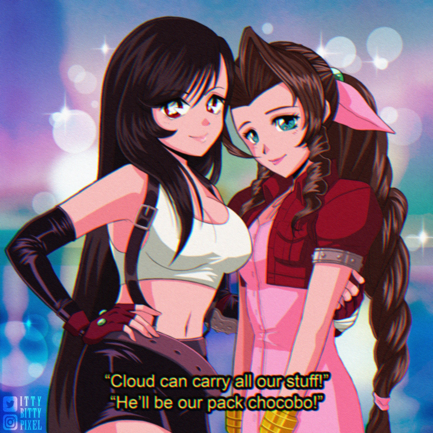 2girls aerith_gainsborough arm_around_back bandaged_hand bandages bangle bangs bare_shoulders belt black_hair black_skirt bracelet braid braided_ponytail breasts brown_hair choker cleavage cowboy_shot crop_top cropped_jacket curly_hair dress elbow_gloves final_fantasy final_fantasy_vii fingerless_gloves gloves green_eyes grey_belt hair_between_eyes hair_ribbon hand_on_hip highres ittybittypixel jacket jewelry large_breasts long_hair materia medium_breasts midriff miniskirt multiple_girls navel parted_bangs pink_dress pink_ribbon puffy_short_sleeves puffy_sleeves red_eyes red_gloves red_jacket retro_artstyle ribbon ribbon_choker shirt short_sleeves sidelocks skirt sleeveless sleeveless_shirt smile sparkle subtitled suspenders tifa_lockhart twitter_username white_shirt