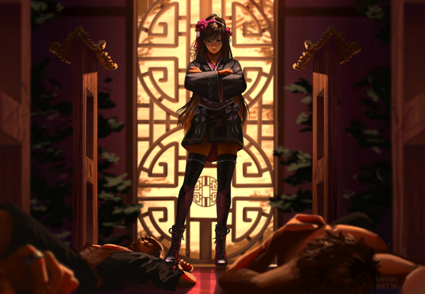 absurdres after_battle black_hair boots crossed_arms final_fantasy final_fantasy_vii final_fantasy_vii_remake flower hair_flower hair_ornament highres japanese_clothes kimono long_hair official_alternate_costume safaiaart standing thighhighs tifa_lockhart tifa_lockhart's_exotic_dress unconscious