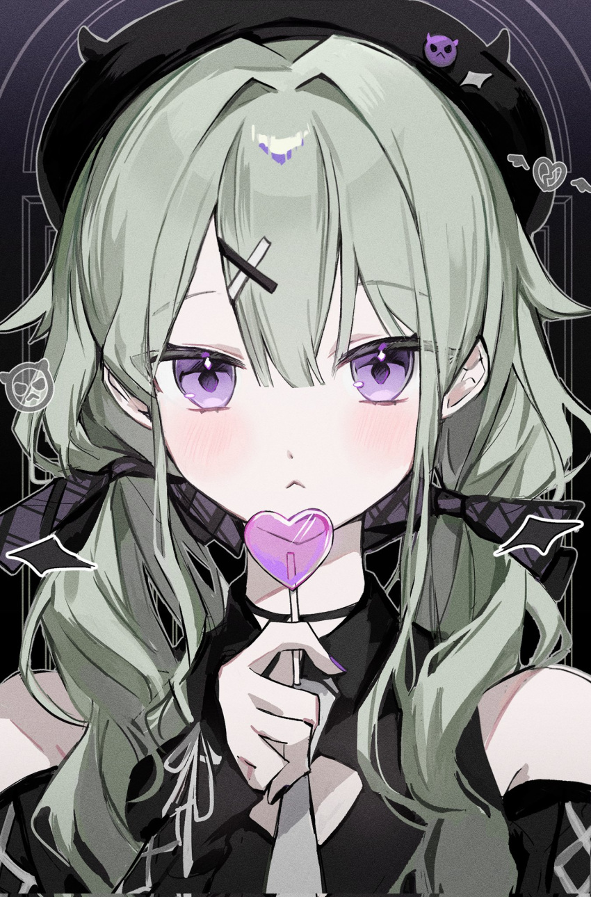 1girl :&lt; bangs bare_shoulders beret black_background black_headwear black_shirt blush bow candy closed_mouth collared_shirt commentary demon_girl demon_wings detached_sleeves fake_horns food green_hair grey_necktie hair_bow hair_ornament hat heart heart_lollipop highres horned_headwear horns kusanagi_nene lollipop long_hair looking_at_viewer low_twintails mini_wings necktie nong_345 plaid plaid_bow project_sekai purple_bow purple_eyes shaped_lollipop shirt sidelocks solo symbol-only_commentary twintails upper_body very_long_hair wings x_hair_ornament