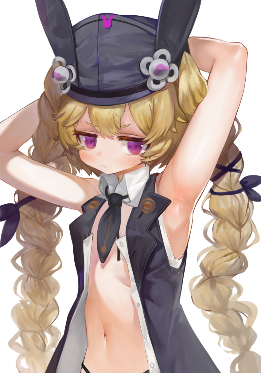 1girl animal_ears animal_hat armpits arms_behind_head arms_up bangs bare_arms bare_shoulders black_headwear black_jacket blonde_hair braid closed_mouth collared_shirt commentary dokomon dress_shirt girls'_frontline hat highres jacket korean_commentary long_hair looking_at_viewer low_twintails navel open_clothes open_jacket open_shirt purple_eyes rabbit_ears shirt short_eyebrows simple_background sleeveless sleeveless_jacket sleeveless_shirt solo sr-3mp_(girls'_frontline) thick_eyebrows twin_braids twintails very_long_hair white_background white_shirt