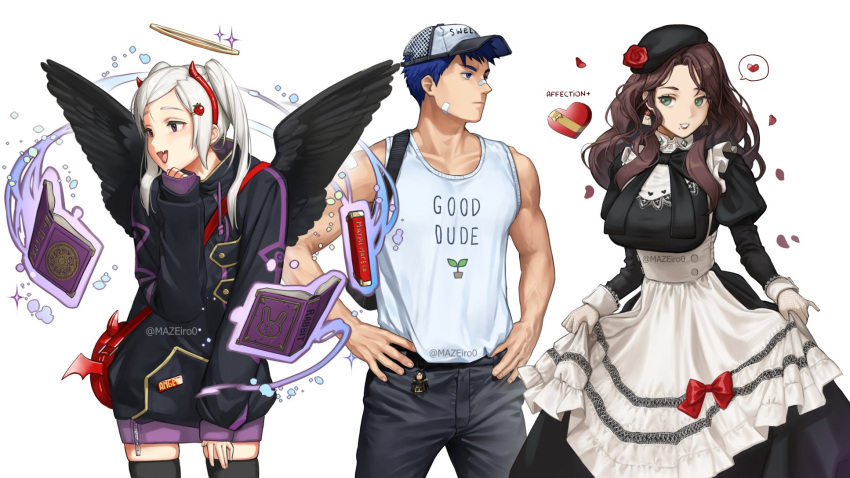 1boy 2girls bandaid bandaid_on_cheek bandaid_on_face bangs bare_shoulders baseball_cap beret black_dress black_headwear black_jacket black_pants black_thighhighs black_wings blue_eyes blue_hair book bow breasts brown_hair cowboy_shot dorothea_arnault dress dress_bow fake_horns fang feathered_wings fire_emblem fire_emblem:_the_binding_blade fire_emblem:_three_houses fire_emblem_awakening floating floating_book floating_object flower food-themed_hair_ornament green_eyes grey_eyes hair_ornament halo hand_to_own_mouth hands_on_hips hat hat_flower heart highres horns ike_(fire_emblem) jacket juliet_sleeves long_hair long_sleeves maze_draws medium_breasts mini_wings mole mole_under_mouth multiple_girls open_mouth pants parted_bangs print_tank_top puffy_sleeves purple_shorts robin_(fire_emblem) short_hair shorts smile spoken_heart strawberry_hair_ornament swept_bangs tank_top thighhighs toned toned_male twintails twitter_username underbust wavy_hair white_background white_hair white_tank_top wings