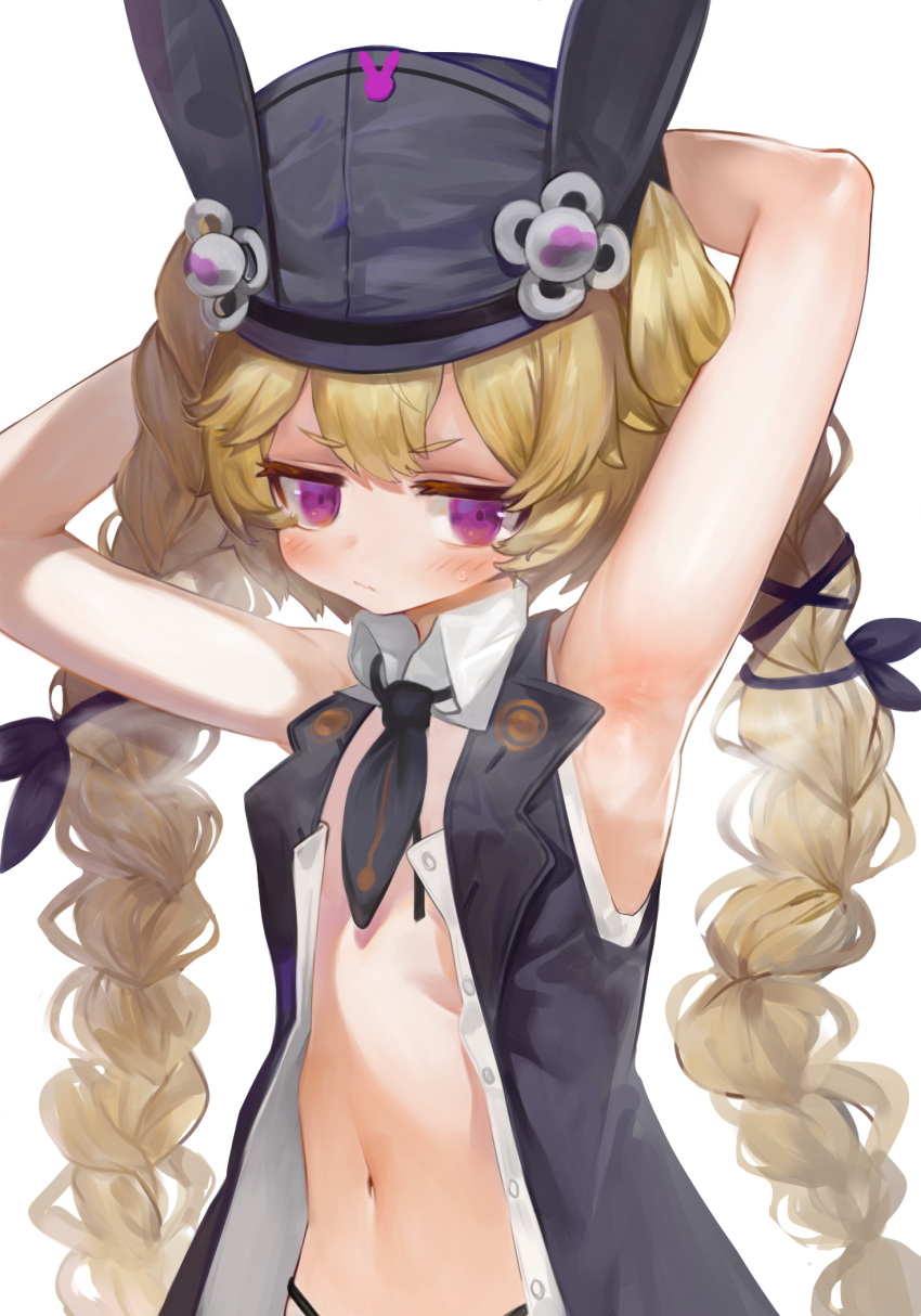 1girl animal_ears animal_hat armpits arms_behind_head arms_up bangs bare_arms bare_shoulders black_headwear black_jacket blonde_hair braid closed_mouth collared_shirt dokomon dress_shirt girls'_frontline hat highres jacket long_hair looking_at_viewer low_twintails navel open_clothes open_jacket open_shirt purple_eyes rabbit_ears shirt short_eyebrows simple_background sleeveless sleeveless_jacket sleeveless_shirt solo sr-3mp_(girls'_frontline) steam thick_eyebrows twin_braids twintails very_long_hair white_background white_shirt
