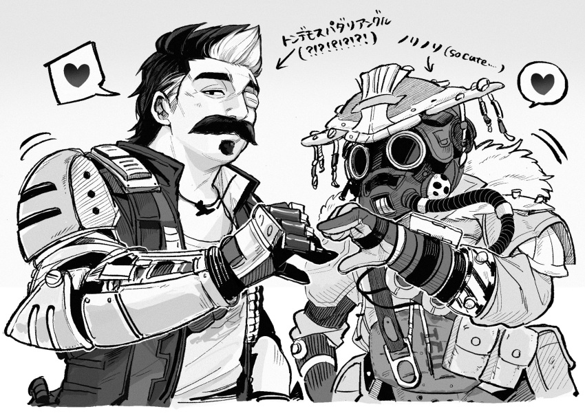 1boy 1other animification apex_legends arrow_(symbol) beard bloodhound_(apex_legends) cable eyepatch facial_hair fur_trim fuse_(apex_legends) gloves goggles greyscale hair_behind_ear heart heart_hands heart_hands_duo helmet highres jacket mask mechanical_arms mi_so_(fltlplz_) monochrome multicolored_hair one_eye_covered rebreather single_mechanical_arm sleeveless sleeveless_jacket soul_patch speech_bubble spoken_heart streaked_hair upper_body