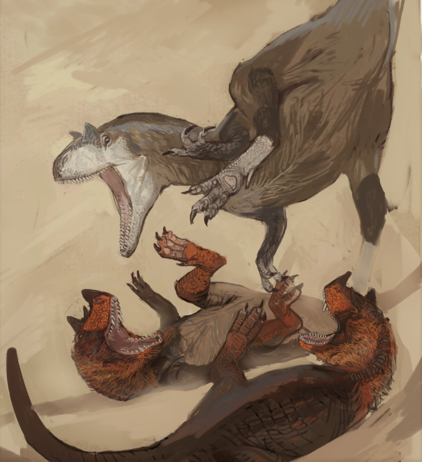 animal_focus attack dinosaur fighting highres mossacannibalis no_humans original