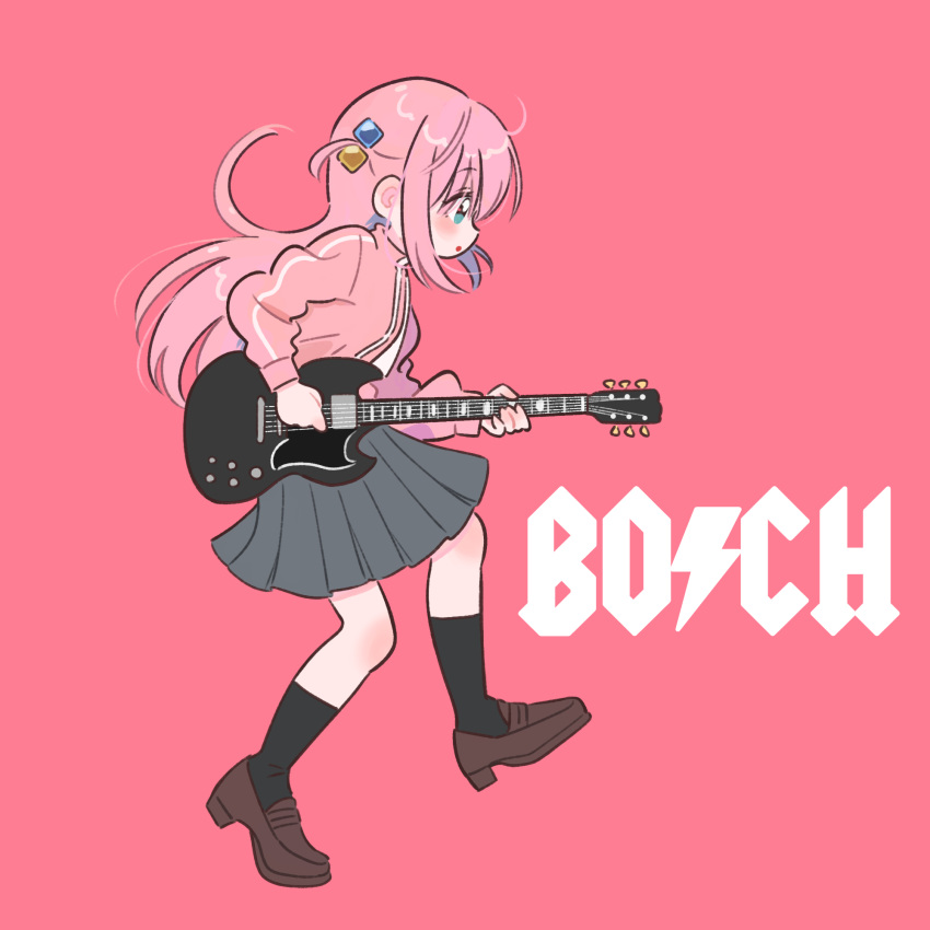 1girl ac/dc bangs black_socks blue_eyes bocchi_the_rock! brown_footwear commentary_request cube_hair_ornament electric_guitar from_side full_body gibson_les_paul gotou_hitori grey_skirt guitar hair_ornament highres instrument jacket loafers long_hair mokume_rin music one_side_up pink_background pink_hair pink_jacket pink_track_suit playing_instrument pleated_skirt shoes skirt socks solo track_jacket
