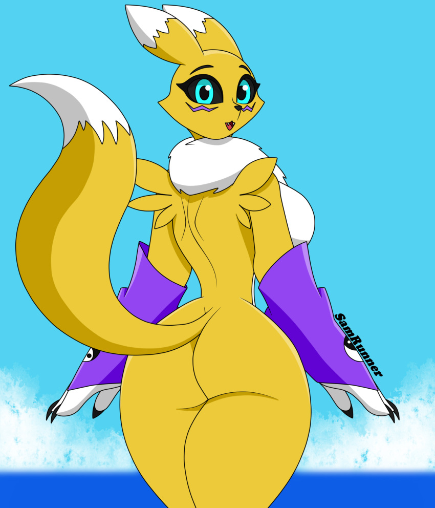 anthro bandai_namco big_breasts big_butt blue_eyes breasts butt clothing digimon digimon_(species) female hi_res legwear looking_at_viewer looking_back renamon samrunner solo thick_thighs thigh_highs