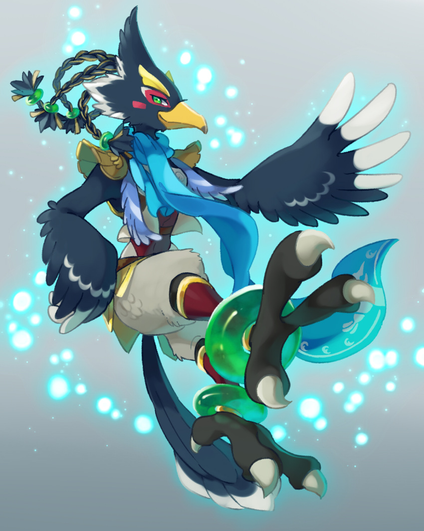 1boy anklet armor beak bird_boy bird_legs bird_wings blue_scarf blue_tail blue_wings braid closed_mouth feathered_wings full_body furry furry_male gradient_background green_eyes grey_background hand_on_hip highres jewelry light_particles male_focus multicolored_tail multicolored_wings multiple_braids revali rito scarf shoulder_armor smile solo tail talons the_legend_of_zelda the_legend_of_zelda:_breath_of_the_wild two-tone_wings ukata white_tail white_wings wings